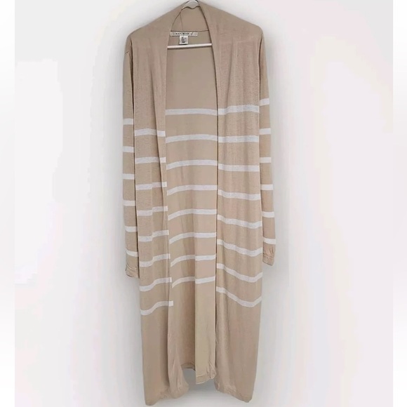 Max Studio Linen Blend Duster Open Front Cardigan Striped Beige/White XS - Picture 5 of 8